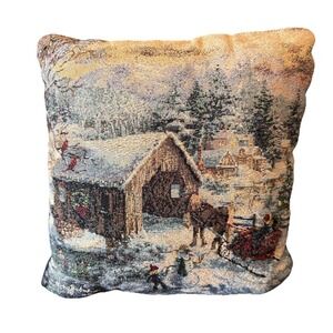 Vintage Nicky Boehme Tapestry Christmas Barn w Horse & Sleigh Pillow